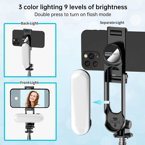 Stable Selfie Stick Tripod with Fill Light, 44 Inch Extendable Selfie Stick with Wireless Remote and Tripod Stand 360 Rotation for iPhone 15/14/13...