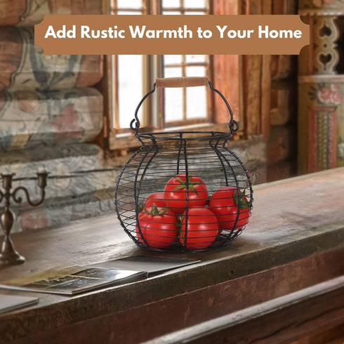 Flexzion Chicken Egg Basket Wire Egg Holder with Wooden Handles for Egg, Fruits, Vegetables Storage, Display Metal Mesh, Basket Holder Countertop ...