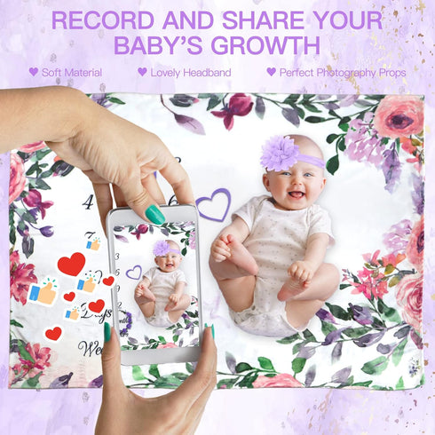 SPOKKI 6 PCS Baby Monthly Milestone Blanket Girl, 60''x40''Fleece Monthly Blanket Newborn with Headband for Photography Background Prop and Mom Nu...