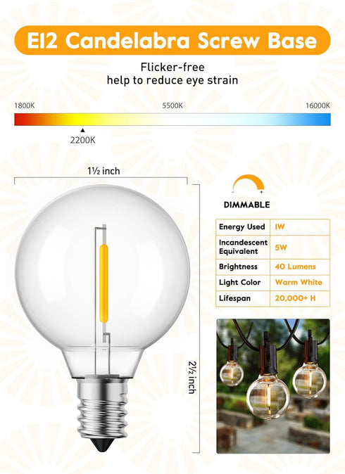 G40 Led Replacement Light Bulbs 1W Shatterproof Globe Bulb fits E12 Candelabra Screw Base, 1.5 Inch Dimmable Light Bulbs for Indoor Outdoor String...