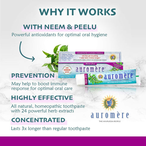 Auromere Ayurvedic Herbal Toothpaste, Mint Free - Vegan, Natural, Non GMO, Fluoride Free, Gluten Free, with Neem & Peelu (4.16 oz), 1 Pack...