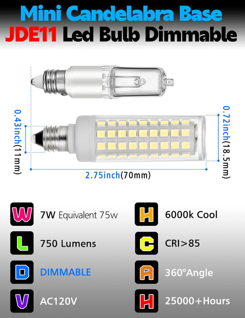 JD E11 Led Candelabra Bulbs 75 Watt Equivalent Dimmable, E11 7W 750LM Daylight White 6000K, T3 T4 JD E11 120V Mini Candelabra Base for Ceiling Fan...
