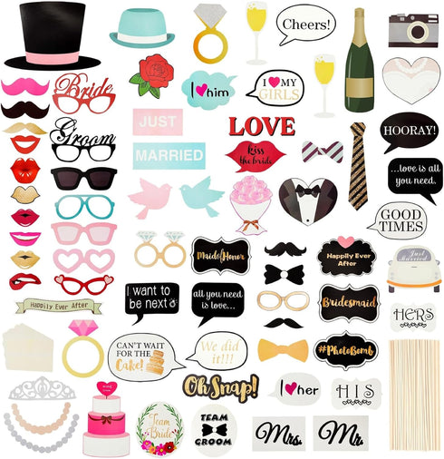 72 Pieces Wedding Photo Booth Props for Bridal Shower, Bachelorette Party, Photobooth Selfies, with Sticks and Stickers...