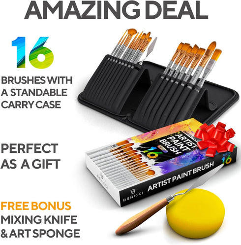 16 Pieces Premium Artist Paint Brush Set - Includes Palette Knife, Sponge, Organizing Case - Painting Brushes for Kids, Adults & Professionals - P...