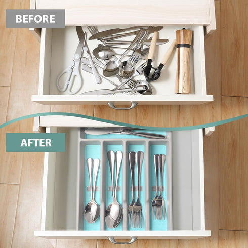 Silverware Organizer with Icons?Plastic Cutlery silverware Tray for Drawer?Utensil Flatware Tableware Organizer for Kitchen with Non-slip TPR,Fits...