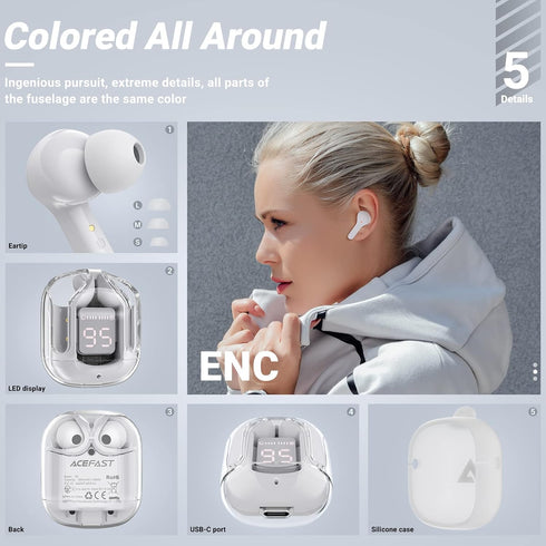 ACEFAST T6 Wireless Earbuds, Bluetooth Headphones with ENC Noise Canceling Translucent Earphones, HiFi Dual Stereo Microphone Mini in-Ear Earbuds ...