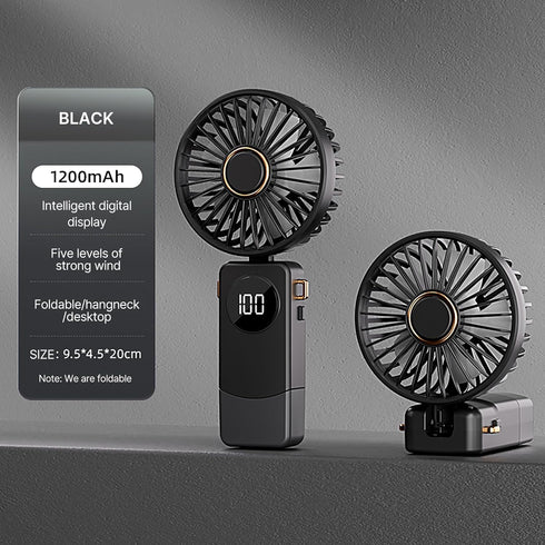 Portable Handheld Fan,Rechargeable Personal Fan,Foldable Neck Fan with Digital Display,Lanyard,Adjustable,5 Speeds,Rechargeable Battery Operated,Q...
