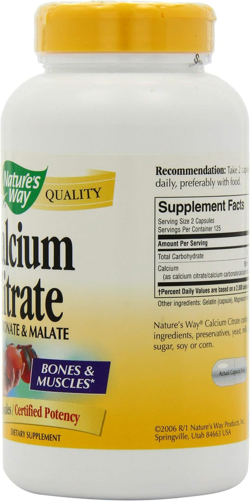 Nature's Way Calcium Citrate, 500 mg Calcium per 2-Capsule Serving, for Bone Health & Muscle Function*, Blend of Citrate, Carbonate & Malate, Glut...
