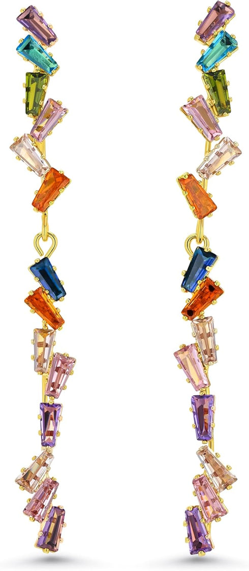 Dainty Long Colorful Gemstone Linear Drop Earrings, Multi Color Rhinestone Stud Statement Earrings, Trendy Chic Boho CZ Gold Plated Jewelry Gift f...