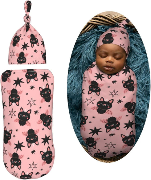 Halloween Cute Cartoon Bat Newborn Swaddle Blanket with Beanie Set Soft Baby Sleep Sack Stretch Adjustable Swaddle Wraps Receiving Blankets...