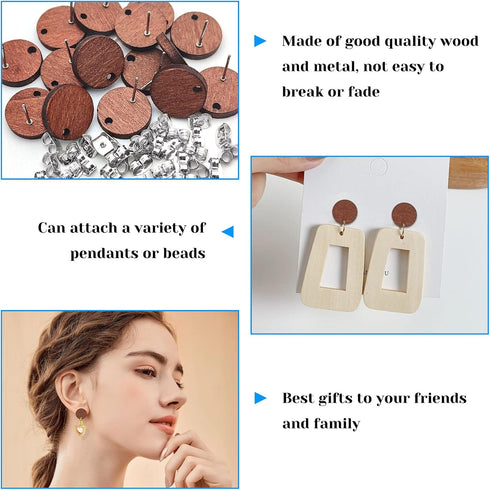 Wood Earring Studs for Jewelry Making,100Pcs Wooden Earrings Findings Flat Round Earring Posts with Loop Wooden Earring Pin Stud Bulk with Butterf...