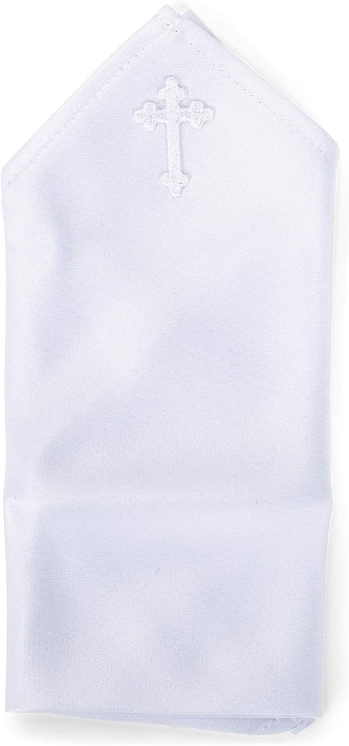 Boy's First Communion White Crucifix 10 x 10 Satin Pocket Square...