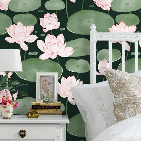 Yasinet Peel and Stick Wallpaper Floral Wallpaper Vintage Dark Green Lotus Flower Contact Paper Removable Self Adhesive Wallpaper for Wall Living ...
