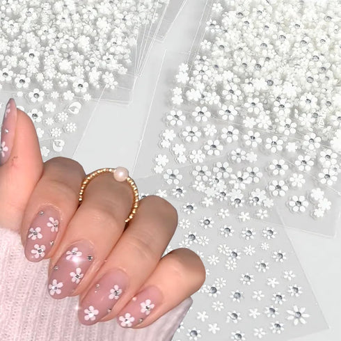 30Pcs/Set Glitter White Flower Nail Art Stickers, Small Floral Self Adhesive Nail Decals Nail Supplies White Flowers with Rhinestones Design- 3D N...