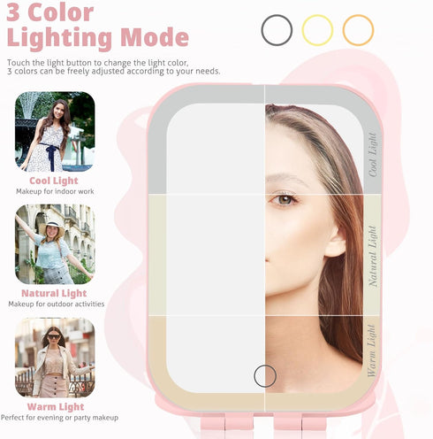 Travel Makeup Mirror, 1000mAh Battery-Powered Illuminated Mirror, 3 Adjustable Light Settings USB-Rechargeable Vanity Mirror with Touch-Sensitive ...