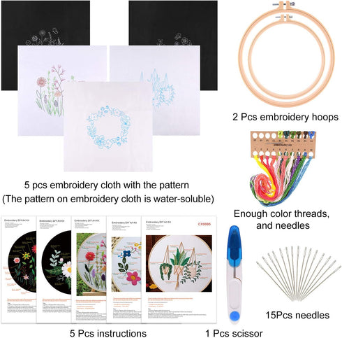FEPITO 5 Sets Embroidery Starter Kit with Pattern and Instructions Cross Stitch Kit Including 5 Pcs Embroidery Clothes with Floral Pattern, 2 Pcs ...