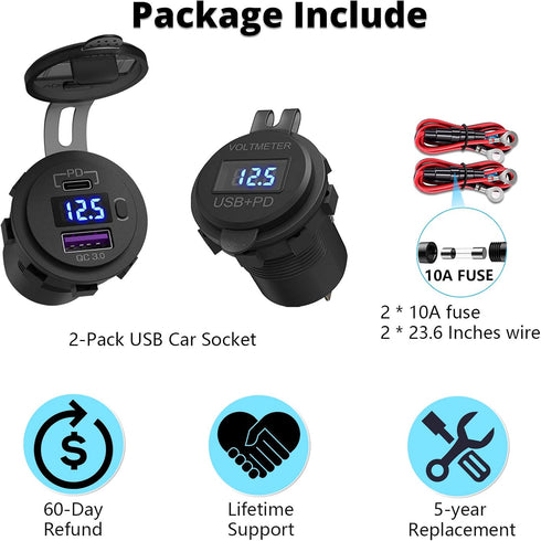Qidoe 2 Pack PD3.0 20W and QC3.0 18W USB C Car Charger With LED Voltmeter and ON/Off Switch for Boat, RV, Truck, Golf Cart, Motorcycle...