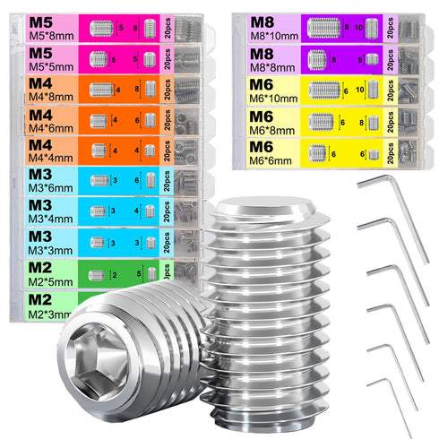 Grub Screws Set, Flat Head Socket Hex Grub Screw Set M2/M3/M4/M5/M6/M8 Metric Stainless Cup Grub Screws Assortment Kit for Door Handles, Home Repa...
