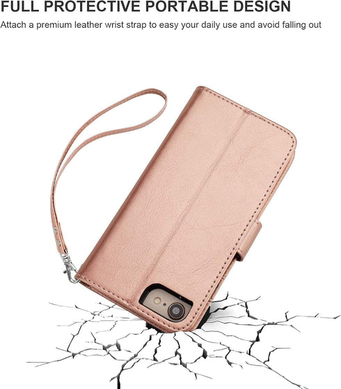 Bocasal for iPhone SE (2022)/SE (2020)/8/7 Wallet Case with Card Holder PU Leather Magnetic Detachable Kickstand Shockproof Wrist Strap Removable ...