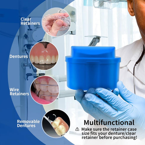 Denture Cup Dental Retainer Case Cleaning with Strainer Basket, Orthodontic Bath Box Mouthguard Storage Soaking Holder - Dark Blue...