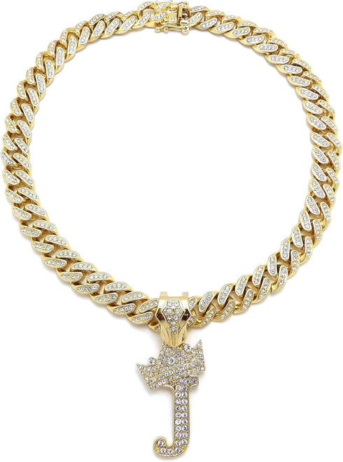 Hip Hop Alphabet Initial J Pendant & 12mm 18" Full Iced Box Lock Cuban Chain Necklace...