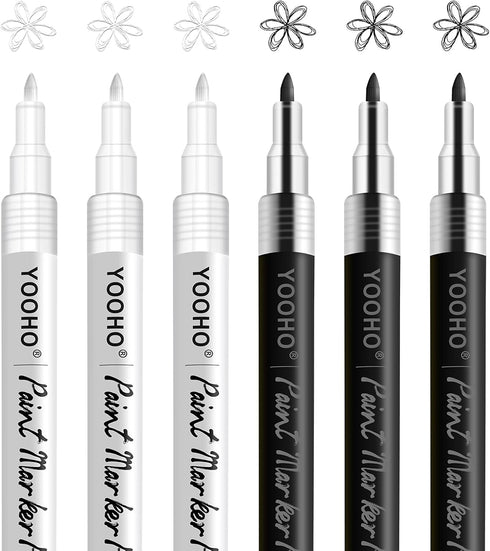Paint Pen White Black Acrylic Marker Set for Rock Wooden Tire Metal Leather Glass Painting, 0.7mm Fine Point Quick Drying (3pcs Black +3pcs White)...