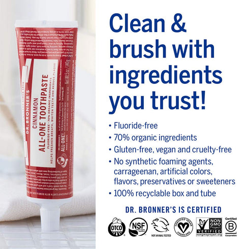 Dr. Bronner’s - All-One Toothpaste (Cinnamon, 5 Ounce) - 70% Organic Ingredients, Natural and Effective, Fluoride-Free, SLS-Free, Helps Freshen Br...