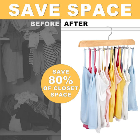 Tank Top Hanger with Premium Wood, 20 Large Capacity, Space Saving,360 Degree Rotating, Foldable Metal Hooks, Tank Tops...