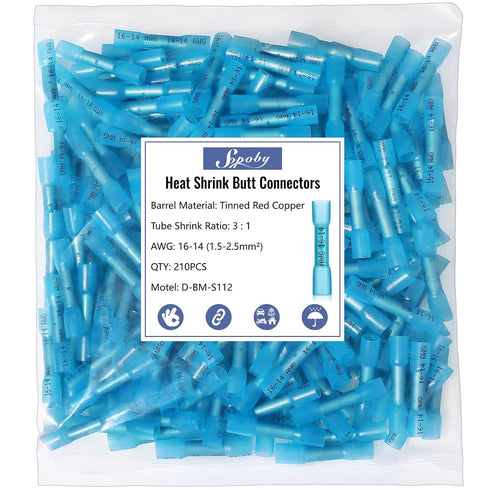 Heat Shrink Butt Wire Connectors, Sopoby 210Pcs 16-14 AWG Blue Insulated Waterproof Electrical Wire Connectors Automotive Marine Grade Wire Crimp ...