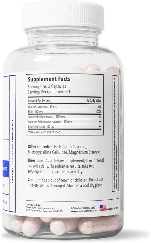 Elon Skin Anew with Hydrolyzed Collagen & Hyaluronic Acid & Antioxidants | Hydrating & Anti Aging Skin Supplement for Vibrant Skin Health (90 caps...