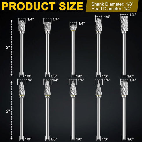 Carbide Burr Set Compatible with Dremel Rotary 1/8" Shank 10PCS Die Grinder Rotary Tool Rasp Bits Accessories for Woodworking Drilling Metal Carvi...