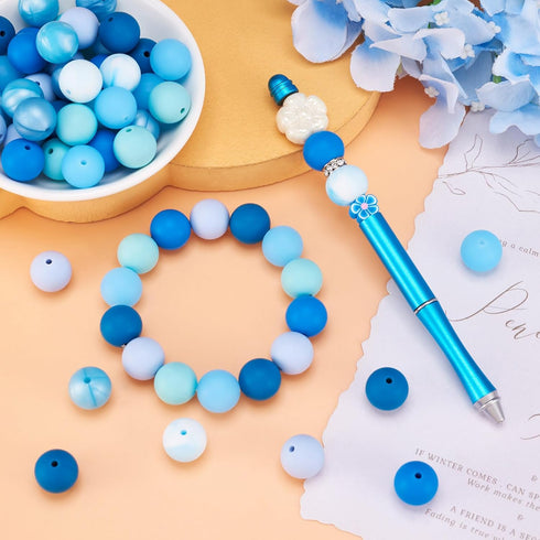 80Pcs Blue Silicone Focal Beads 15mm Round Ball Beads Chunky Kandi Beads Spacer Pen Beads for Crafts DIY Beadable Pens Keychain Bracelets Jewelry ...