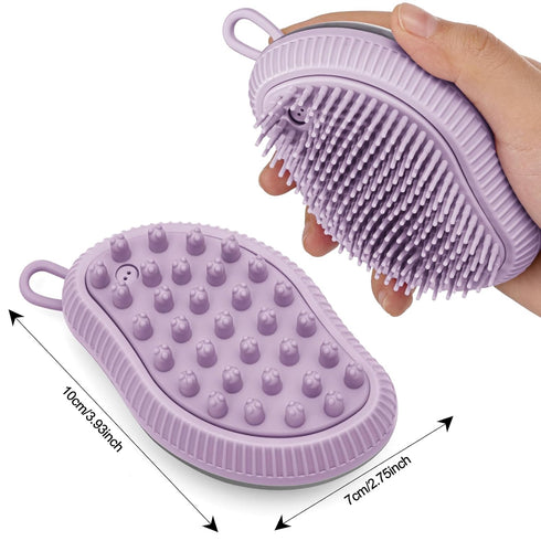Pet Grooming Bath Massage Brush with Soap and Shampoo Dispenser Soft Silicone Bristle for Long Short Haired Dogs Cats (PURPLE)...
