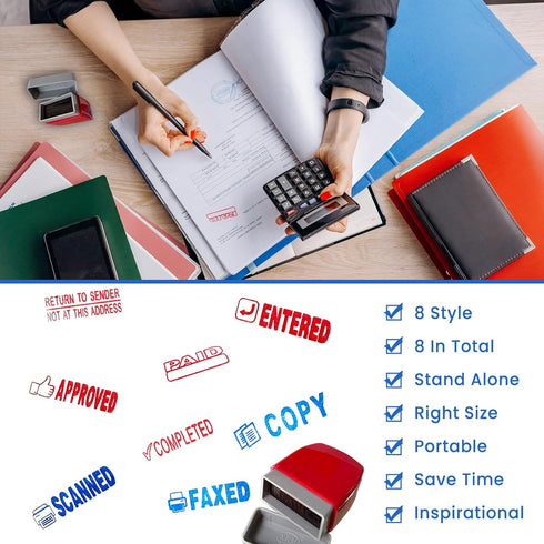 Self Inking Office Stamp Set for Approved Paid Completed Copy Faxed Scanned 8 PCS Stamps Busines Stamps Message Account Work Stamp...