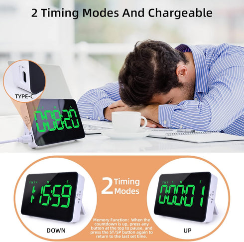 Rechargeable Digital Kitchen Timer for Cooking, Magnetic Timers with Countdown/up, Kids Timer with 5”LED Display 3 Brightness 4 Volume Adjustable ...