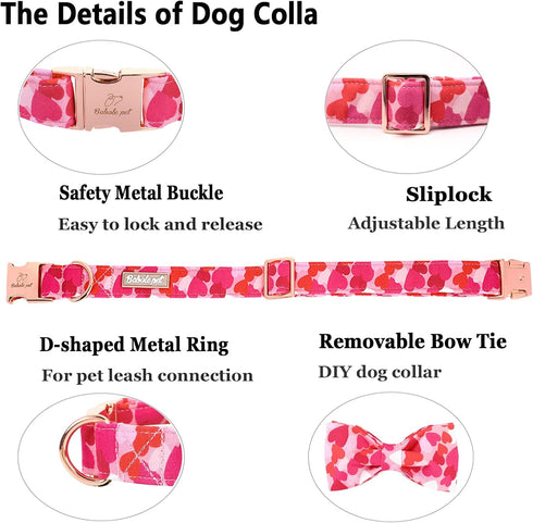 Valentine's Day Dog Collar with Bow Tie, Cotton Love Pink Dog Collar Girl Dog Collar Adjustable Cute Dog Collar with Safety Metal Buckle as Pet Gi...