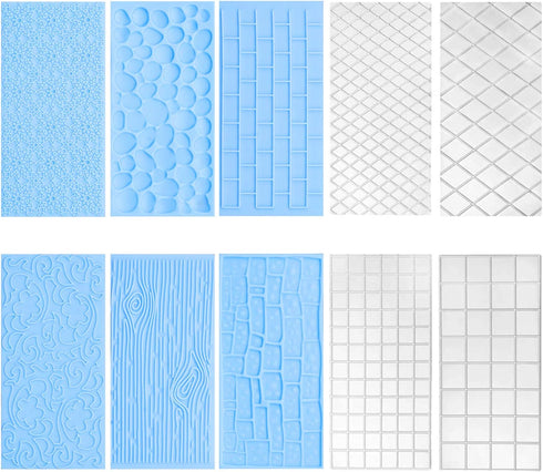 10Pcs/Set Fondant Impression Mat, Tree Bark Brick Stone Wall Flower Cobblestone Diamond Quilted Grid Texture Design Embossed Lace Embossing Mold D...