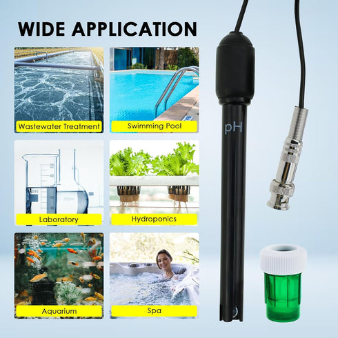 0-14 pH Electrode Probe, pH Meter with Replacement BNC Connector and 300cm Cable Sensor for ph Monitor Controller Tester Meter Kit Set for Aquariu...