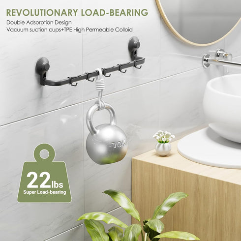 LUXEAR Towel Bar, 24 Inch Adhesive Bathroom Towel Bar with Upgrade Suction Cup, Tool Free Adhesive Shower Towel Rack with 5 Sliding Hooks, Wall Mo...