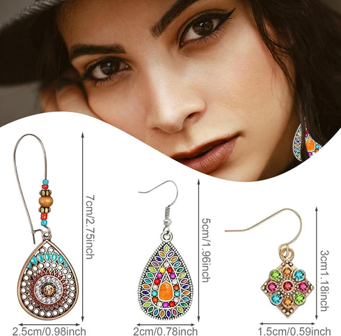 6 Pairs Retro Bohemian Drop Dangle Earrings, Vintage Boho Chic Rhinestone Earring Jewelry Set for Women...