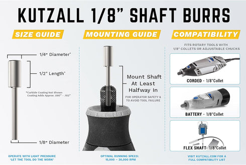 Kutzall Original Cylinder Rotary Burr, 1?8" Shaft, Fine - Woodworking Attachment for Dremel, Foredom, DeWalt, Milwaukee. Abrasive Tungsten Carbide...