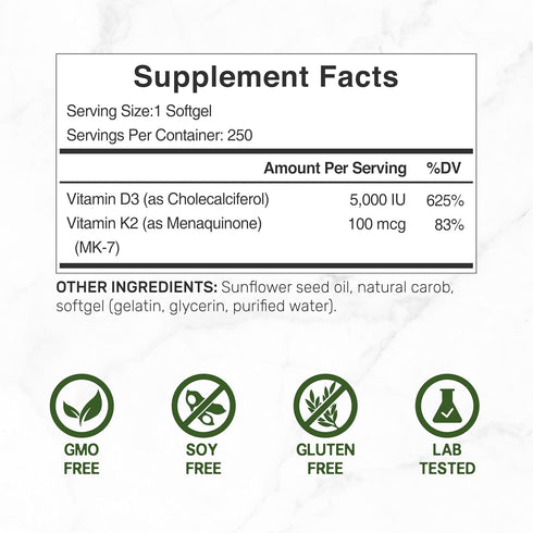 DEAL SUPPLEMENT Vitamin D3 5,000 IU + K2 MK7 Softgels, 250 Count | 2-in-1 Complex | Supports Heart, Bone, Teeth & Immune Health | Easy to Swallow...