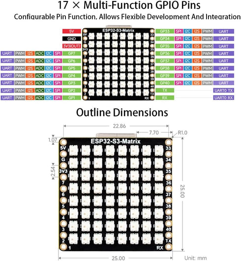ESP32-S3 Matrix ESP32 S3 Development Board with 8×8 RGB LED Matrix and QMI8658C Attitude Sensor, 17 x Multi-Function GPIO Pins, Supports Wi-Fi and...