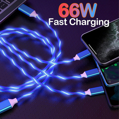 3 in 1 Led Charging Cable 66W Flowing LED Light Up Phone Charge Cable Light up Charger Fast Charing Cord Durable TPE Fast Charging Cord for Most C...