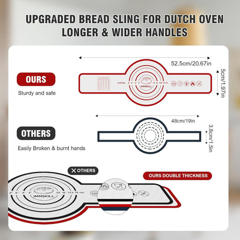 2PCS Silicone Bread Sling, Reusable Bread Baking Mat with Long Handles for Dutch Oven Liners, Non-Stick & Easy Clean Silicone Bread Mat(1 Red+1 Bl...