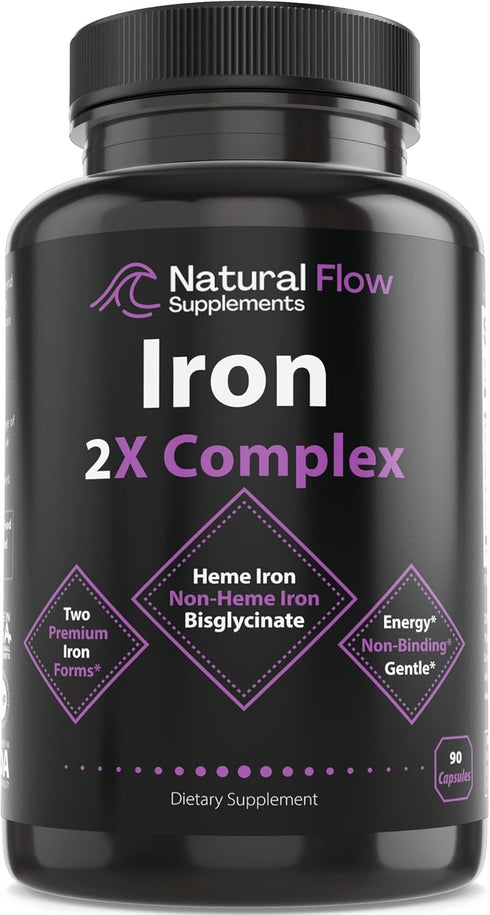 Iron Supplement 2-in-1 Complete Complex - Natural Flow 2X Heme and Chelated Non Heme Iron Bisglycinate, Folate, B and Vitamin C, for Anemia and Bl...