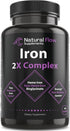 Iron Supplement 2-in-1 Complete Complex - Natural Flow 2X Heme and Chelated Non Heme Iron Bisglycinate, Folate, B and Vitamin C, for Anemia and Bl...