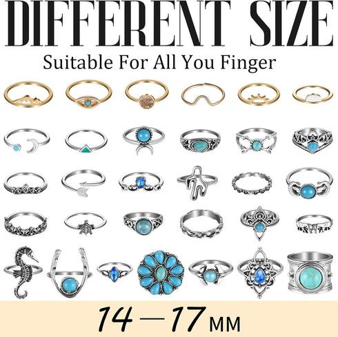 78 Pcs Vintage Turquoise Rings Set Women Western Rings Bohemian Silver Oval Gemstone Rings Boho Joint Knuckle Rings Midi Stacking Rings for Women...