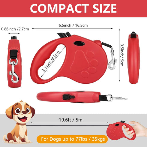 Retractable Dog Leash, 16ft Dog Walking Leash for Small Dogs up to 77lbs, Non-Slip Handle - Red...