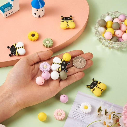 Cheriswelry Silicone Focal Beads Kits with 50pcs 15mm Round Silicone Beads for Pen & 5pcs Daisy Silicone Beads for Keychain Making & 4pcs Bees Sil...